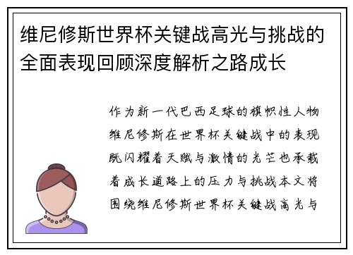 维尼修斯世界杯关键战高光与挑战的全面表现回顾深度解析之路成长